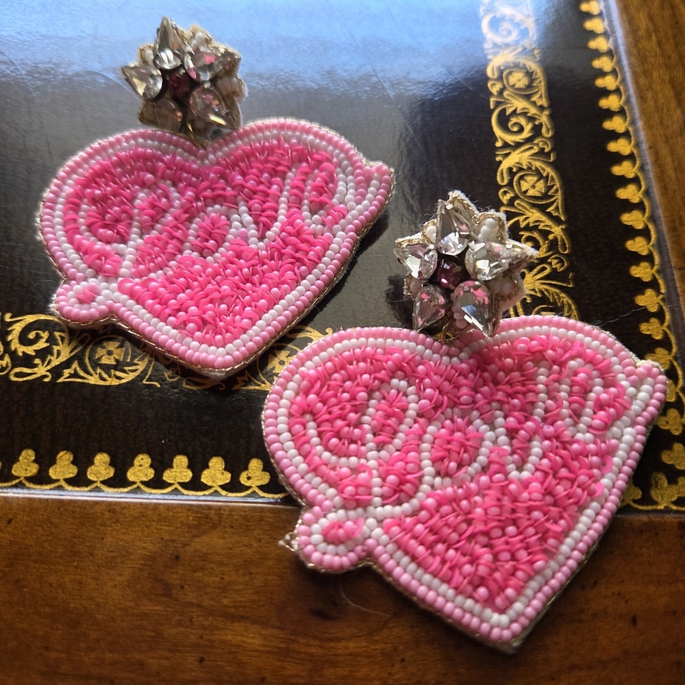 Felt Back Beaded Rhinestone Heart  Dangle Earrings OFFER FRIENDLY